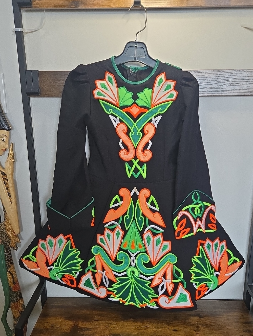 Black Irish Dance Dress with Neon Green & Orange Embroidery 4/5 Vtg Recital Comp
